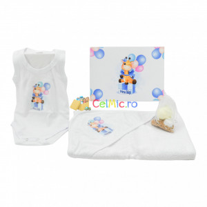 Set de baie "Prima Baita" pentru bebelusi, cu 4 piese, din bumbac, imprimat cu Girafa cu Baloane, Albastru - SDB-16