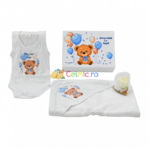 Set de baie "Prima Baita" pentru bebelusi, cu 4 piese, din bumbac, imprimat cu Ursulet cu Baloane, Albastru - SDB-25