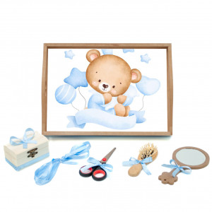 Tavita mot cu 6 piese cu fundite bleu cu buline - Ursulet cu baloane - 35x20 cm - TPM-98