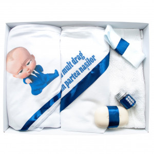 Trusou botez cu 6 piese, Alb, personalizat cu broderie- "Cu drag din partea nasilor"- Bebe Sef Albastru- TPB-103