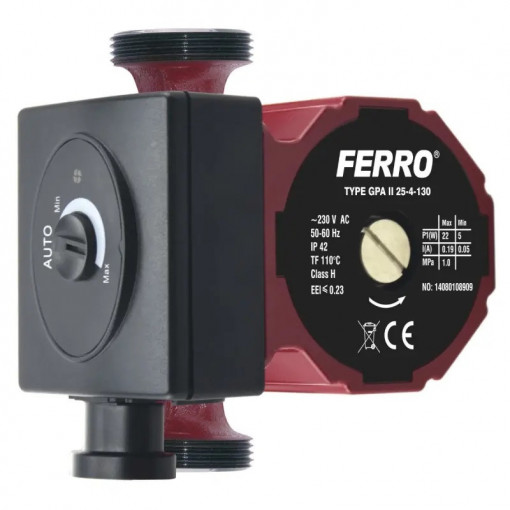 Pompa de recirculare Ferro 25-40 130 mm, GPA II, H max. 4.1 m, Q max. 2.4 m³/h, 22 W, 230 V