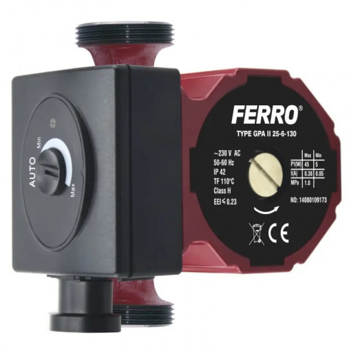 Pompa de recirculare Ferro 25-60 / 130mm; GPA II; H max. 6.2 m; Q max. 3 m³/h; 45 W; 230 V