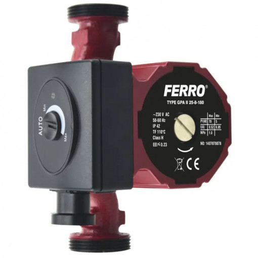 Pompa de recirculare Ferro 25-8 / 180mm; GPA II; H max. 8 m; Q max. 4 m³/h; 22 W; 230 V