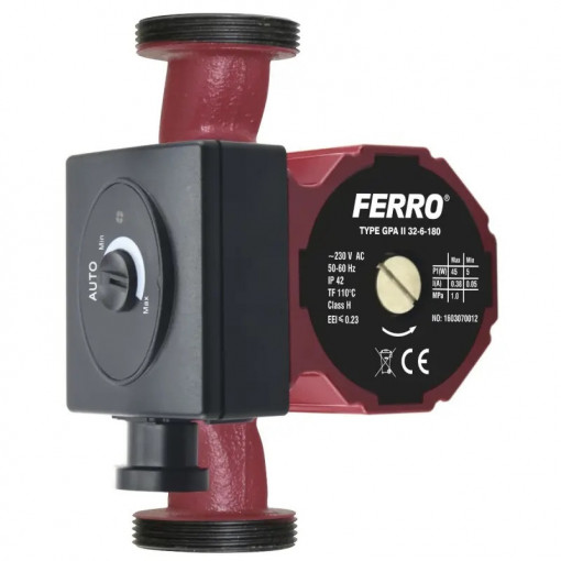 Pompa de recirculare Ferro 32-6 / 180mm; GPA II; H max. 6,2 m; Q max. 4 m³/h; 45 W; 230 V