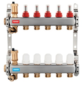 Distribuitor-colector din inox, cu debitmetre pentru încălzire în pardoseală