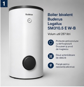 Pachet sistem solar Buderus pentru apă caldă menajeră – 2 panouri Logasol SKT1.0-S + boiler bivalent Logalux SM310.5 E W-B