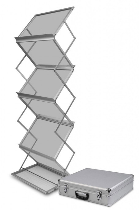 Stand Zigzag 6 x A3, gri, aluminiu, pentru brosuri, in geanta de aluminiu