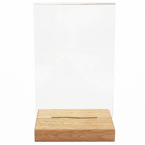 Suport meniu tip T plexiglas A4, baza lemn, dubla fata