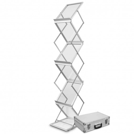 Stand Zigzag 6 x A4, gri, aluminiu, pentru brosuri, in geanta de aluminiu