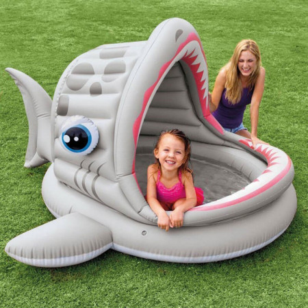 Piscină gonflabilă cu acoperiș pentru copii marca Intex, dimensiune 201 x 198 x 109 cm formă de Rechin poza 2