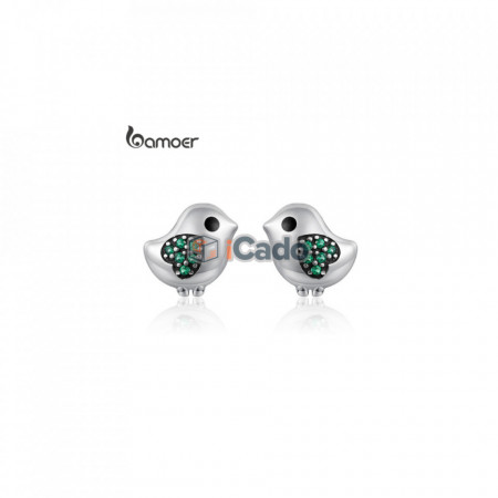 Cercei din argint Lovely Little Bird Clear CZ Blue Heart - BAMOER 100% 925 Sterling Silver