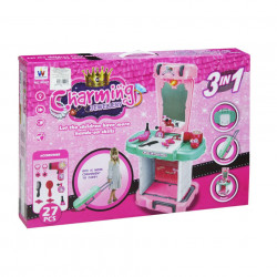 Poza din spate cutie troler makeup 3 în 1 cu 27 accesorii, oglindă și feon funcțional