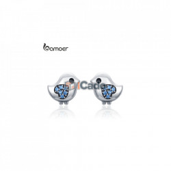 Cercei din argint Lovely Little Bird Clear CZ Blue Heart - BAMOER 100% 925 Sterling Silver
