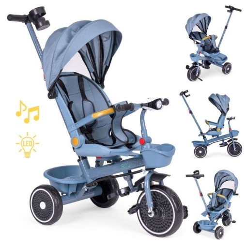ECOTOYS TRICIKL ZA DJECU SA ROTIRAJUĆIM SJEDIŠTEM, GURAJUĆIM RUKOHVATOM I TENDOM BLUE