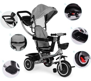 ECOTOYS 2U1 TRICIKL SA ROTIRAJUĆIM SJEDIŠTEM I SKLOPIVOM TENDOM GREY - Img 7