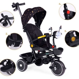 ECOTOYS TRICIKL ZA DJECU SA ROTIRAJUĆIM SJEDIŠTEM, GURAJUĆIM RUKOHVATOM I TENDOM BLACK - Img 6