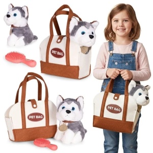 Plišana igračka za djecu, štene Husky, torba + četka za njegu