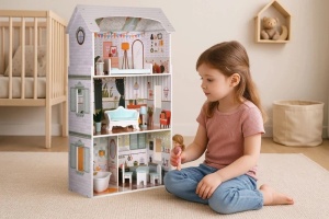 Kućica za lutke Alice na 3 sprata, 4 sobe, set sa 9 komada namještaja – ECOTOYS