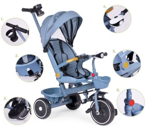 ECOTOYS TRICIKL ZA DJECU SA ROTIRAJUĆIM SJEDIŠTEM, GURAJUĆIM RUKOHVATOM I TENDOM BLUE - Img 7
