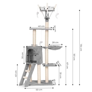 Grebalica za mačke 134 cm sa kućicom i ležaljkama, siva – Petsi - Img 7