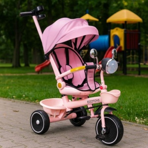 Tricikl za djecu sa rotirajućim sedištem, gurajućim rukohvatom i tendom pink,ECOTOYS