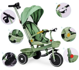 ECOTOYS TRICIKL ZA DJECU SA ROTIRAJUĆIM SJEDIŠTEM, GURAJUĆIM RUKOHVATOM I TENDOM GREEN - Img 7