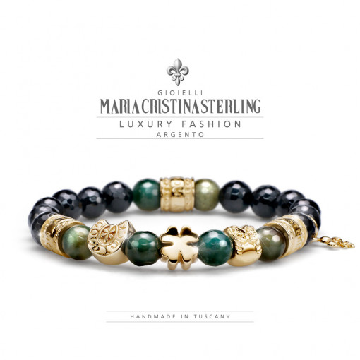 Bratara barbati Lucky You placata cu aur 18k cu trifoi si pietre naturale multicolore