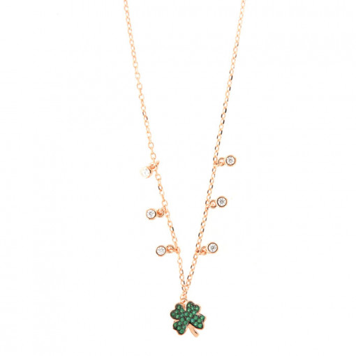 Colier din argint 925 placat cu aur roz si pandativ in forma de trifoi verde