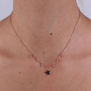 Colier din argint 925 placat cu aur roz si pandativ in forma de trifoi stea albastra - Img 2