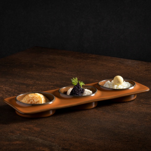 Platou dreptunghiular tapas/mezze cu 2 boluri integrate Ambar dark caramel 19x10cm 1ABD191E-CAR - Img 2