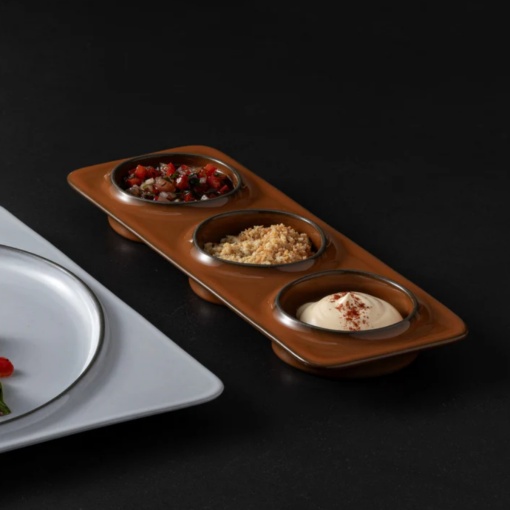Platou dreptunghiular tapas/mezze cu 3 boluri integrate Ambar dark caramel 28x10cm 1ABD281e-CAR - Img 2