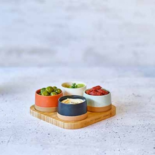 Set 4 boluri tapas/mezze+platou lemn Dela 22x22cm 5918003 - Img 3