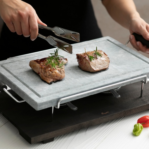 Platou lemn cu piatra vulcanica cu 2 suporti pentru arzatoare 25x40cm BIS13.099124.089 - Img 2