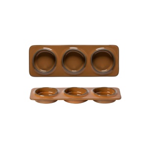 Platou dreptunghiular tapas/mezze cu 3 boluri integrate Ambar dark caramel 28x10cm 1ABD281e-CAR