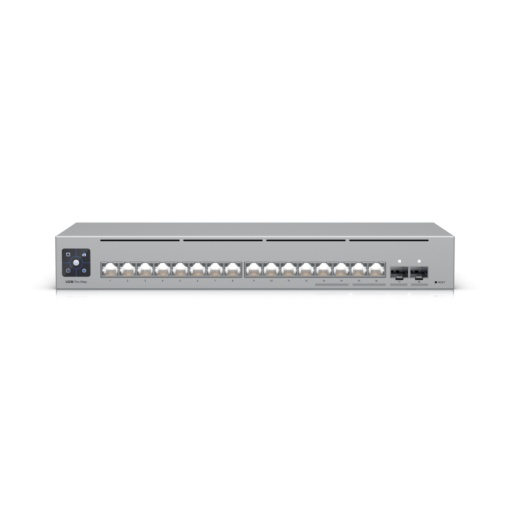 Switch Ubiquiti, interfata (12) porturi GbE RJ45, (4) porturi 1/2.5 GbE RJ45, (2) porturi 10G SFP+, rata de transmitere 62,496 Mppsm, sursa alimentare 5V, 25W, caracteristici DHCP pentru rețele administrate local, Reluare DHCP, Rutare inter-VLAN între