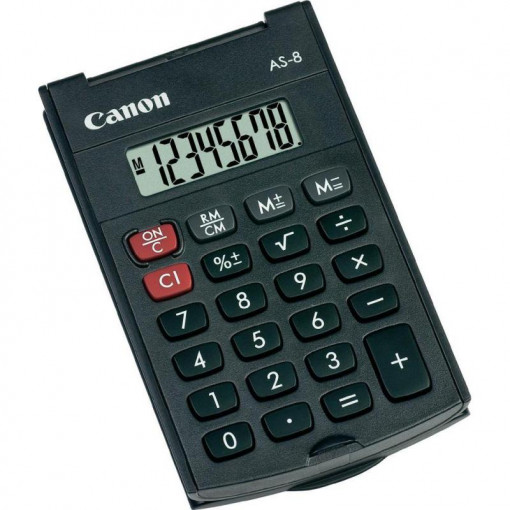 Calculator buzunar Canon AS8, 8 digiti, display LCD, alimentare baterie, functii: radacina patrata, procentaj, tasta total.