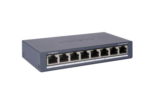 Switch Hikvision DS-3E0508-O: 8 × Gigabit RJ45 port maxim 3W, tensiune alimentare: 5VDC, 0.6A, dimensiuni: 145.00 mm × 25.60 mm × 68.45 mm, greutate: 0.24kg, montare pe birou sau pe perete.