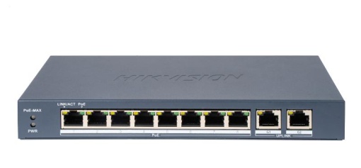 Switch PoE Hikvision DS-3E0310P-E/M(B): 8 × 10/100 Mbps PoE port, and 2 × Gigabit RJ45 port, PoE standard: IEEE 802.3af;IEEE 802.3at, 8 porturi PoE maxim 30W, buget PoE 80W, tensiune alimentare: 54VDC, 1.2A, dimensiuni: 217.60 mm × 27.60 mm × 108.50 mm,