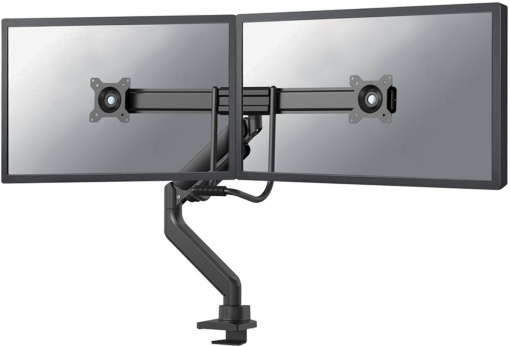 Brat dublu pentru monitor Neomounts, tip full motion, pentru display-uri cu diagonale 17"-32", sistem de prindere VESA 75x75~100x100mm, greutate maxima suportata 8kg per ecran, tilt +10°, -10°, swivel +90°, -90°, rotate +180°, -180°, reglabil pe