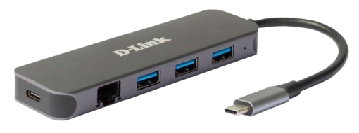 D-Link DUB-2334 5-in-1 USB-C Hub with Gigabit Ethernet and power delivery, 1* USB-C connector, 1* Gigabit Ethernet, 3* USB Type- APort (USB 3.0), 1* USB-C powerdelivery.
