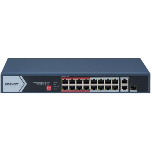 Switch PoE Hikvision DS-3E0318P-E/M(C): 16 × 10/100 Mbps PoE port,1× Gigabit RJ45 port,1 × Gigabit combo, 16 porturi PoE maxim 30W, buget PoE 130W, tensiune alimentare 100~240 V AC, 50/60 Hz, Max. 2.5 A., dimensiuni: 335.0 mm × 44.5 mm × 175.8 mm,