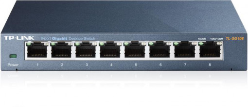 Switch TP-Link TL-SG108, 8 porturi Gigabit, desktop, metal, suporta IGMP Snooping; IEEE 802.1p QoS, Plug and Play