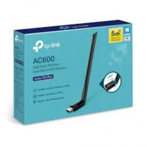 Tp-link AC600 High Gain Wireless Dual Band USB Adapter, ARCHER T2U PLUS; USB 2.0; 5dBi Antenna; Wireless Standards: IEEE 802.11b/g/n 2.4 GHz, IEEE 802.11a/n/ac 5GHz; Wireless Speeds: 600 Mbps (200 Mbps on 2.4GHz, 433 Mbps on 5GHz); Frequency: 2.4GHz,