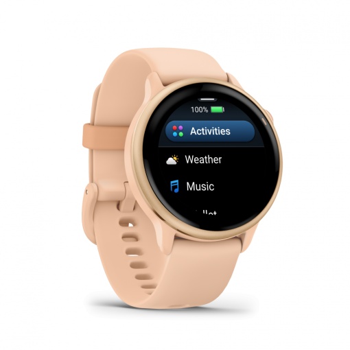 Ceas Garmin vívoactive 6 display AMOLED, dimensiune afisaj 30.4 mm, rezolutie afisaj 390 x 390 pixeli, memorie 8GB, autonomie până la 11 zile (5 zile cu afişajul permanent pornit) rezistanta la apa pana la 5 ATM, greutate: 23g, ramă Pink Dawn cu curea