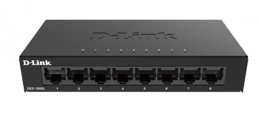 D-Link Switch DGS-108GL, 8 porturi Gigabit, Capacity 16Gbps, desktop, faramanagement, metal, negru, fara ventilator, D-link Green Technology.
