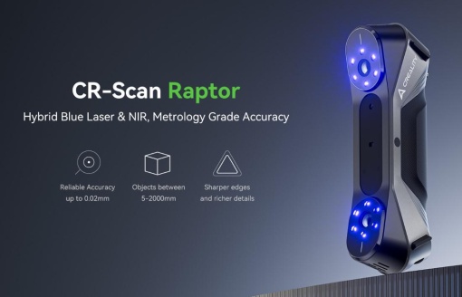 CREALITY 3D SCANNER CR-SCAN RAPTOR, mod scanare: Blue Light(Blue 7-line laser) / NIR(infrared binocular structured light), Acuratete: 0.02mm @ 100mm, Rezolutie: 0.02-2mm, Viteza scanare: pana la 60fps, volum minim scanare: 5mm x 5mm x 5mm, Raza single