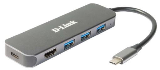 D-Link DUB-2333 5-in-1 USB-C Hub with HDMI and power delivery, 1* USB-C connector, 1* HDMI Port, 3* USB Type- APort (USB 3.0), 1* USB-C powerdelivery.