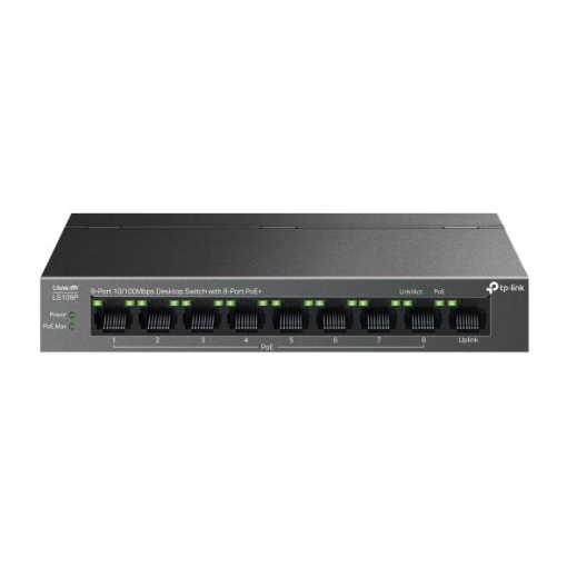 "9-Port 10/100 Mbps Desktop Switch with 8-Port PoE+ PORT: 8× 10/100 Mbps PoE+ Ports, 1× 10/100 Mbps Non-PoE Port SPEC: 802.3at/af, 63 W PoE Power, Desktop Steel Case FEATURE: Extend Mode for 250m PoE Transmitting, Isolation Mode, PoE Auto Recovery, Plug