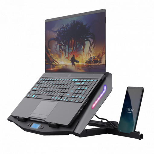 Cooler laptop Trust GXT 1127 Yoozy, pentru laptopuri cu diagonala de pana la 17.3", 2 ventilatoare, viteza rotatie 1500 RPM, interval zgomot 30 dBA - 35 dBA, iluminare RGB, negru