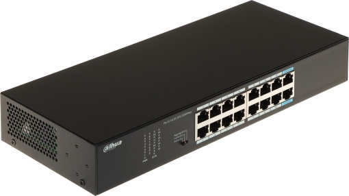 Switch Dahua 16 porturi Unmanaged, S3016-16GT, Interfata: 14 x 10/100 Mbps, 2x uplink, Capacitate: 32 Gbps, Packet Forwarding Rate: 23.808 MPPS, Greutate: 740g, Dimensiuni: 294 mm × 119 mm × 44 mm, Material carcasa: metal.